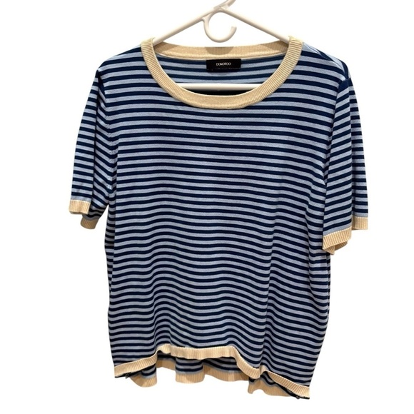 Classic Blue and Cream Striped Women's Short-Sleeve Sweater - Picture 2 of 6